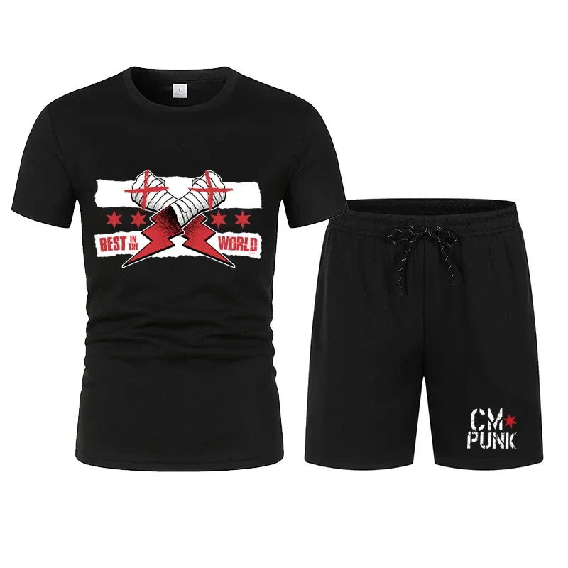 Men's black CM return punk T-shirt shorts suit summer short-sleeved men fashion comfortable loose clothing suit