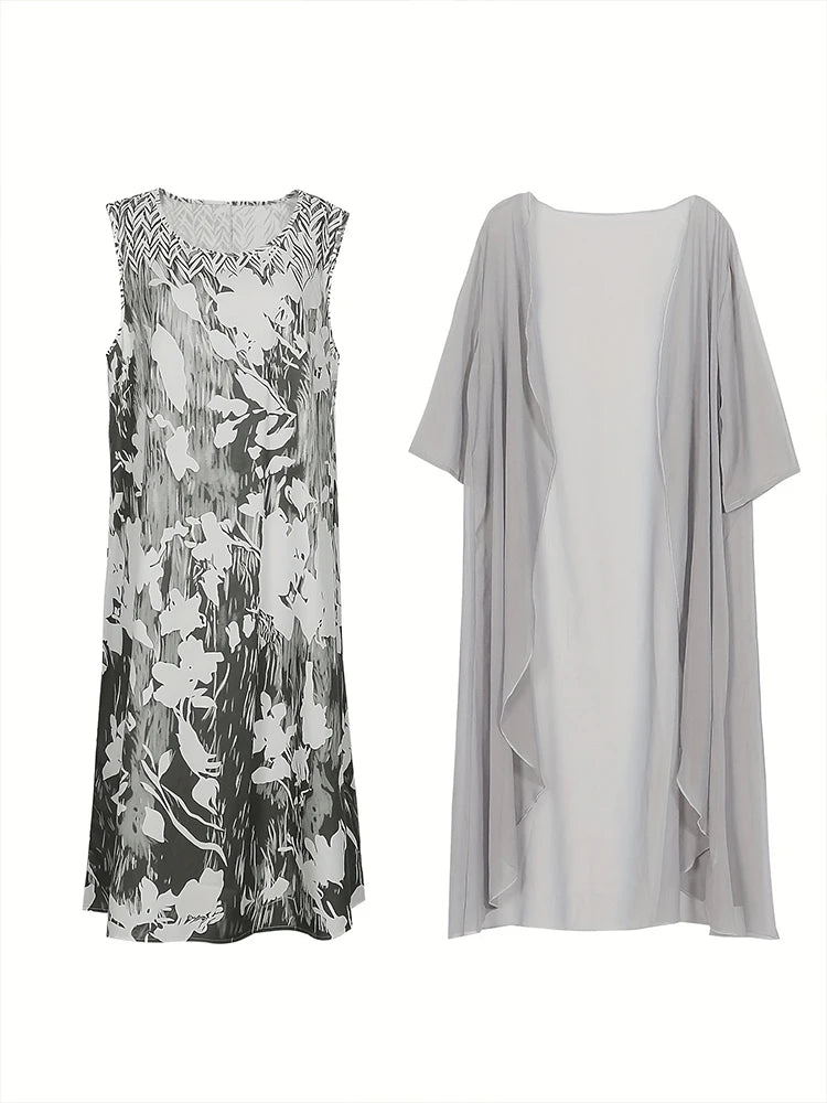 Plus Size Women's Floral Printed Long Dress Printed Pattern Two-piece Dress Round Neck  Elegant Dress