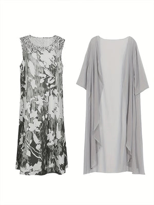 Plus Size Women's Floral Printed Long Dress Printed Pattern Two-piece Dress Round Neck  Elegant Dress