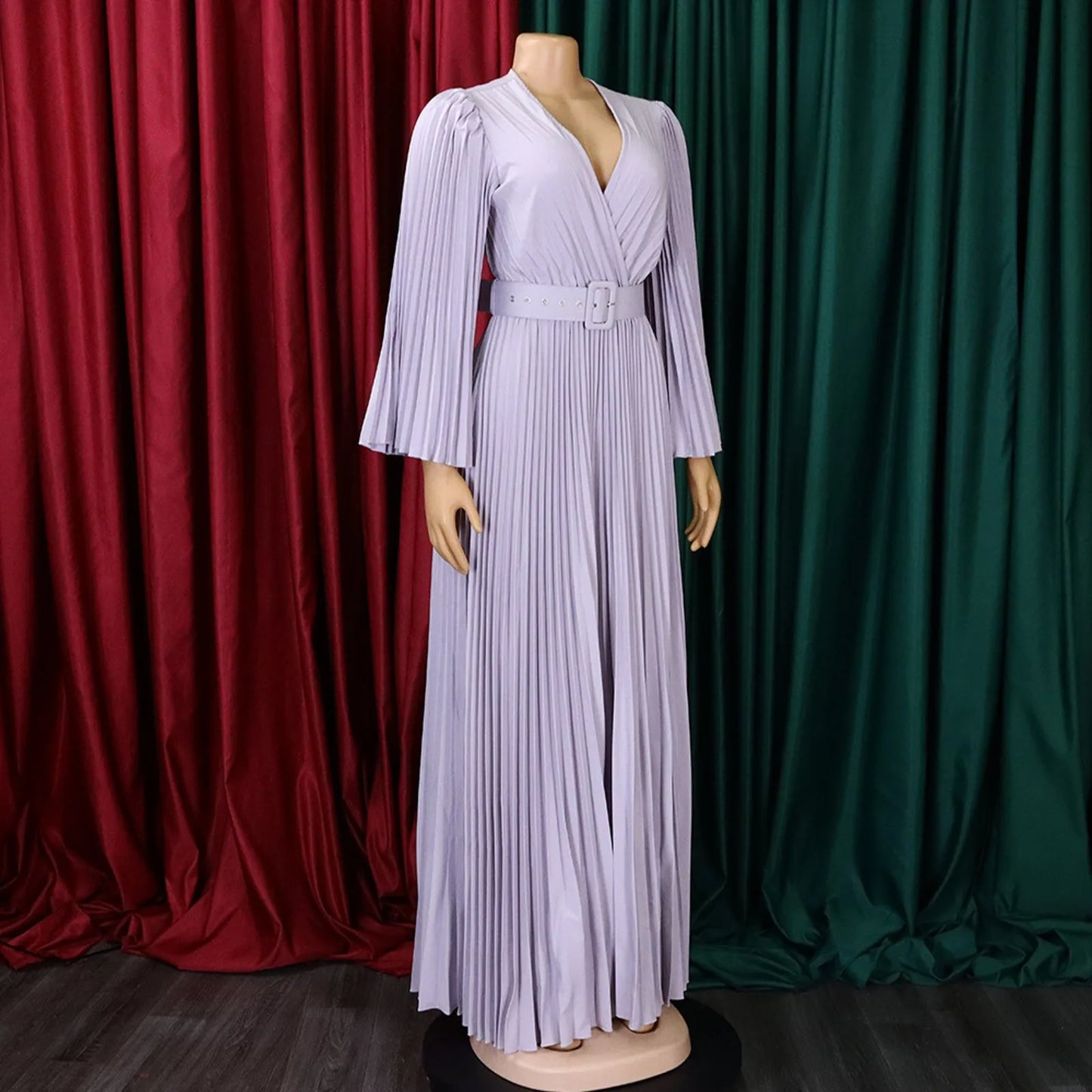 Women's Elegant Evening Dress Deep V Neck Flare Sleeve Pleated Prom Dress With Belt Formal Dresses For Women