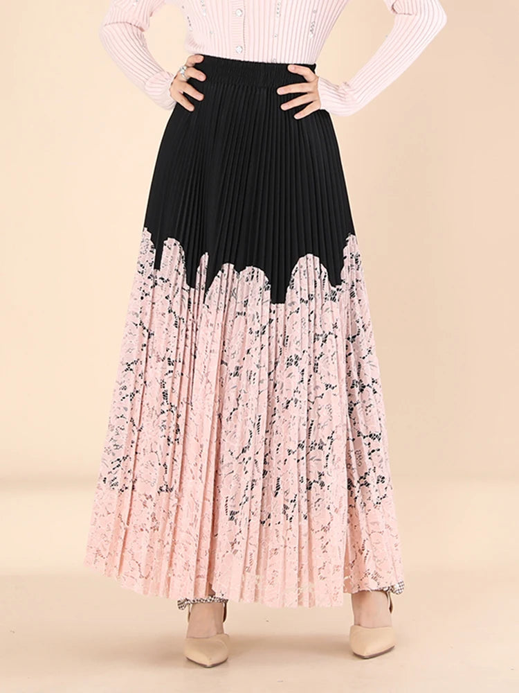 Lace Spliced Printing Pleated High Waist Loose Causal Colorblock Skirt