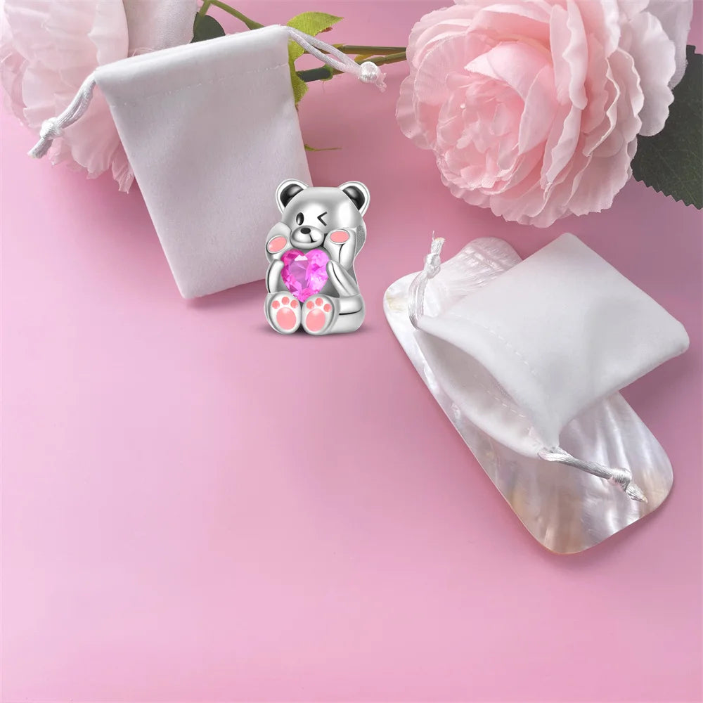925 Sterling Silver Cartoon Cute Baby Bear Heart Shaped Beads Fit Pandora Original Bracelet