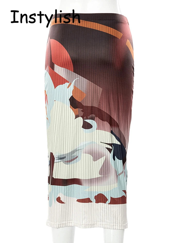 Vintage Art Print Ribbed Midi Skirt