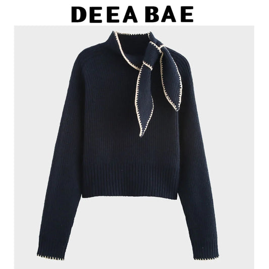 Winter Clothes Women Pullovers Sweet Bow Decoration Color Matching Long Sleeve Sweater