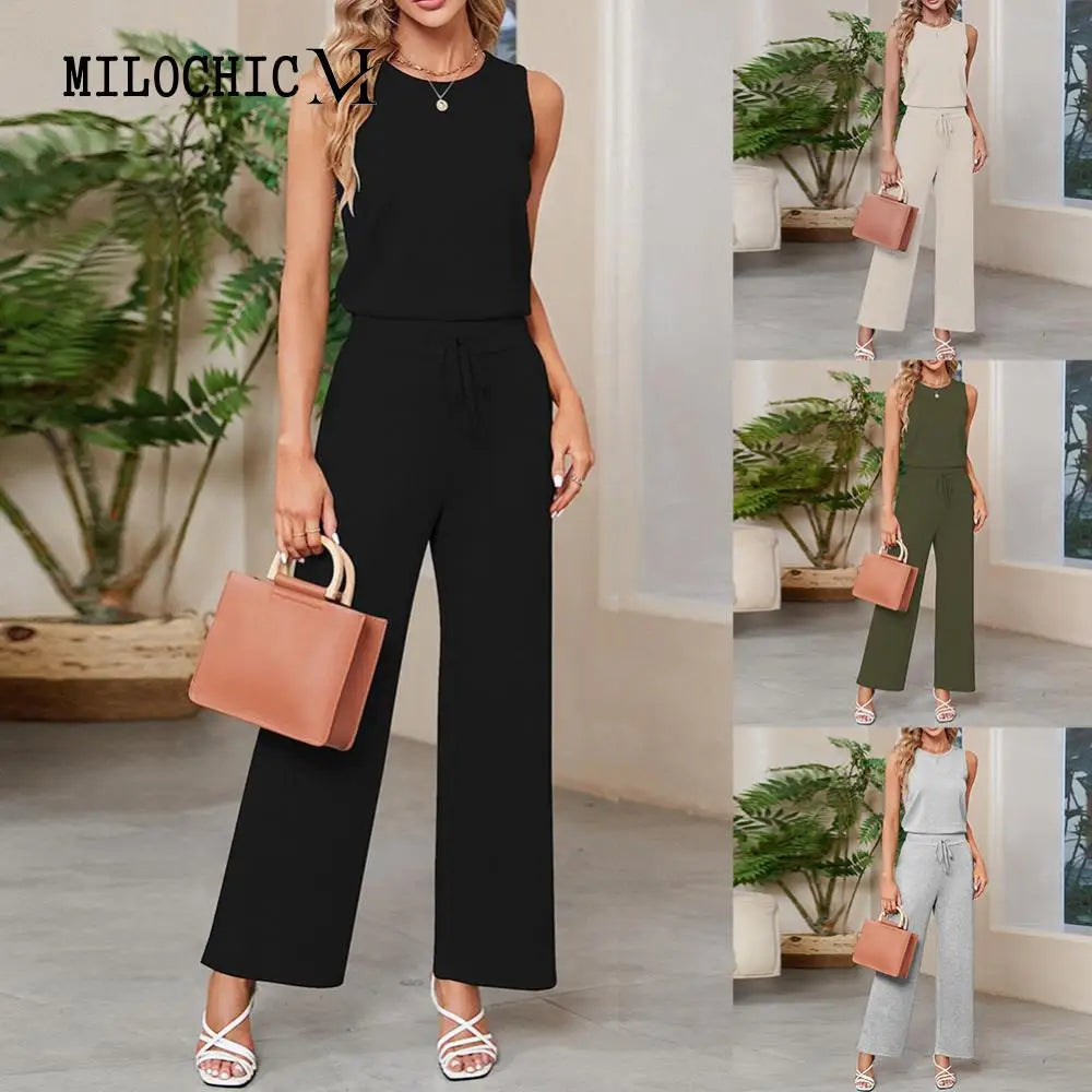 Women Summer Dressy Romper Casual Cotton Blended Crew Neck Romper Solid Color with Pockets Daily Outfit