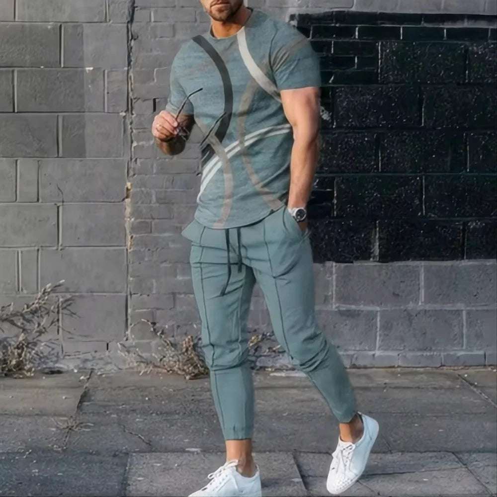 Fashion Men's T-shirt suit sportswear 3D printed sportswear  short sleeved T-shirt long pants  street wear 2-piece set