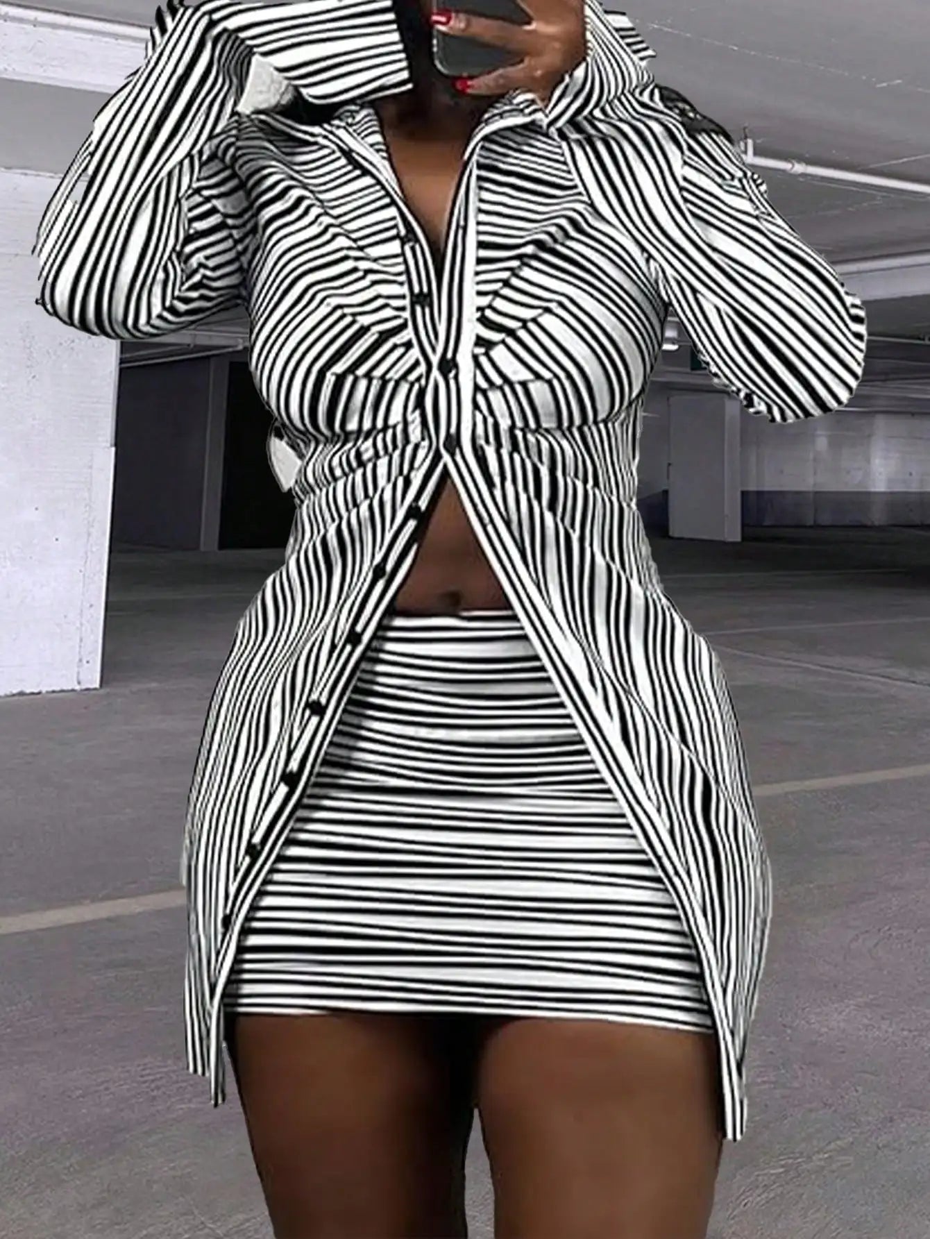 Women's Striped Two-Piece Set - Long-Sleeve Button-Down Shirt & Mini Skirt