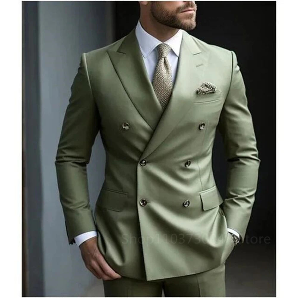 Solid 2 Pieces Men Suits Set Fashion Men's Formal Business/Wedding Groom Suits Peak Lapel Double Breasted Blazer Trousers