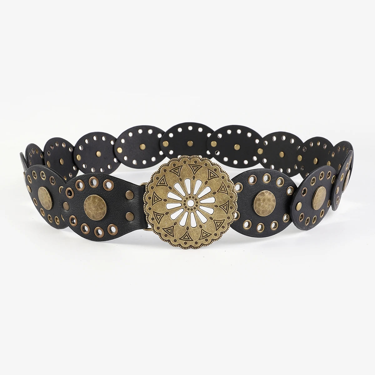 Retro design western cowboy belt personality round hollow metal wide belt for women