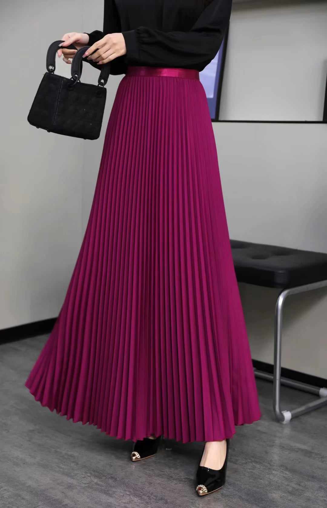 Elegant Pleated Skirt High Waist Women's Long Skirt Ladies High Quality Midi Skirt