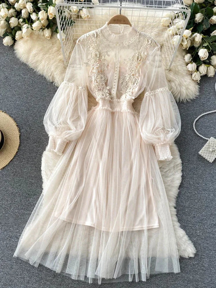 Ladies Dress Three-dimensional Flower Hook Mesh Stand Collar Lantern Sleeve High Waist Female Dresses