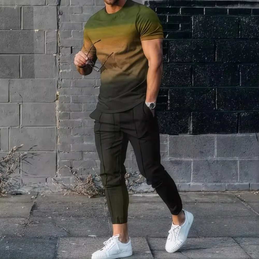 Summer men's T-shirt and pants sports suit abstract gradient 3D printed T-shirt and pants set 2-piece street wear oversized suit