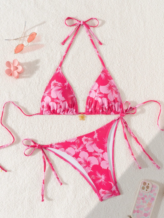 Rose Red Flower Print Bikini Set for Women  Triangle Halter Backless Swimsuit Beach Vacation Thong  Swimwear