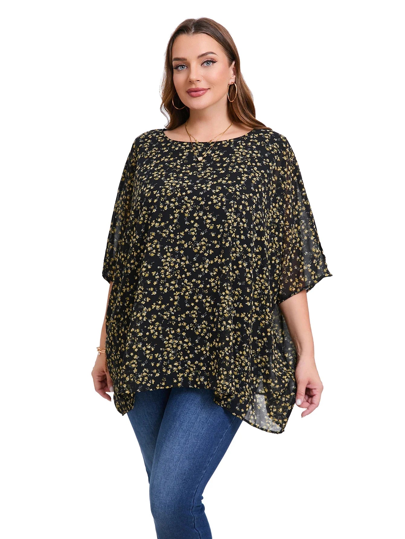 Summer Blouse Batwing Sleeve Oversized Chiffon  Scoop Neck  Casual