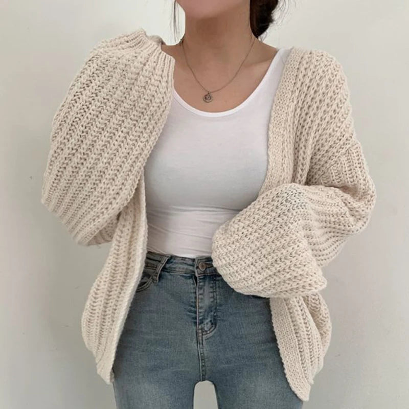 Vintage Lantern Sleeve Women Cardigan Sweater Casual Streetwear Tops Chic Lazy Wind
