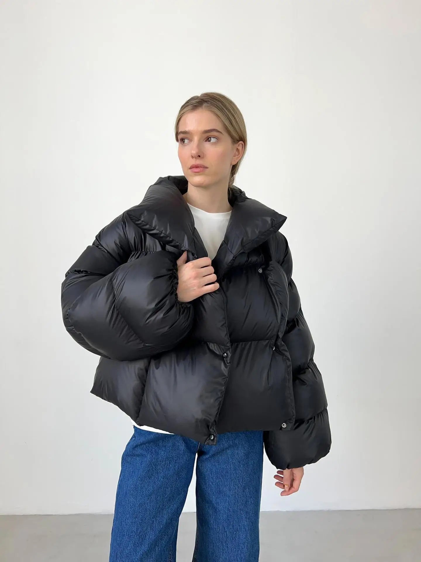 Hooded Jacket Thick Warm Solid Color Streetwear Zipper Loose Down Jacket