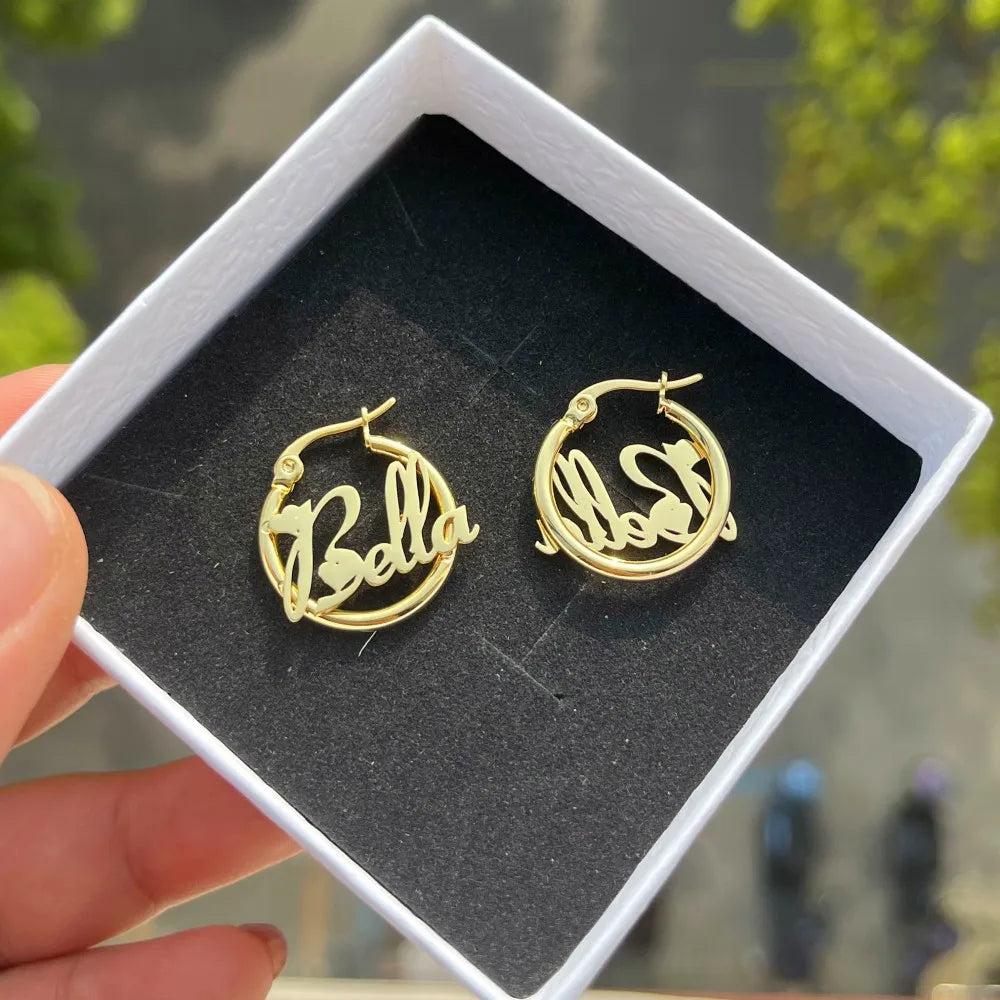 Custom Nameplate Earring Hoops 20mm 18K Gold Plated Stainless Steel Letter Round Earring
