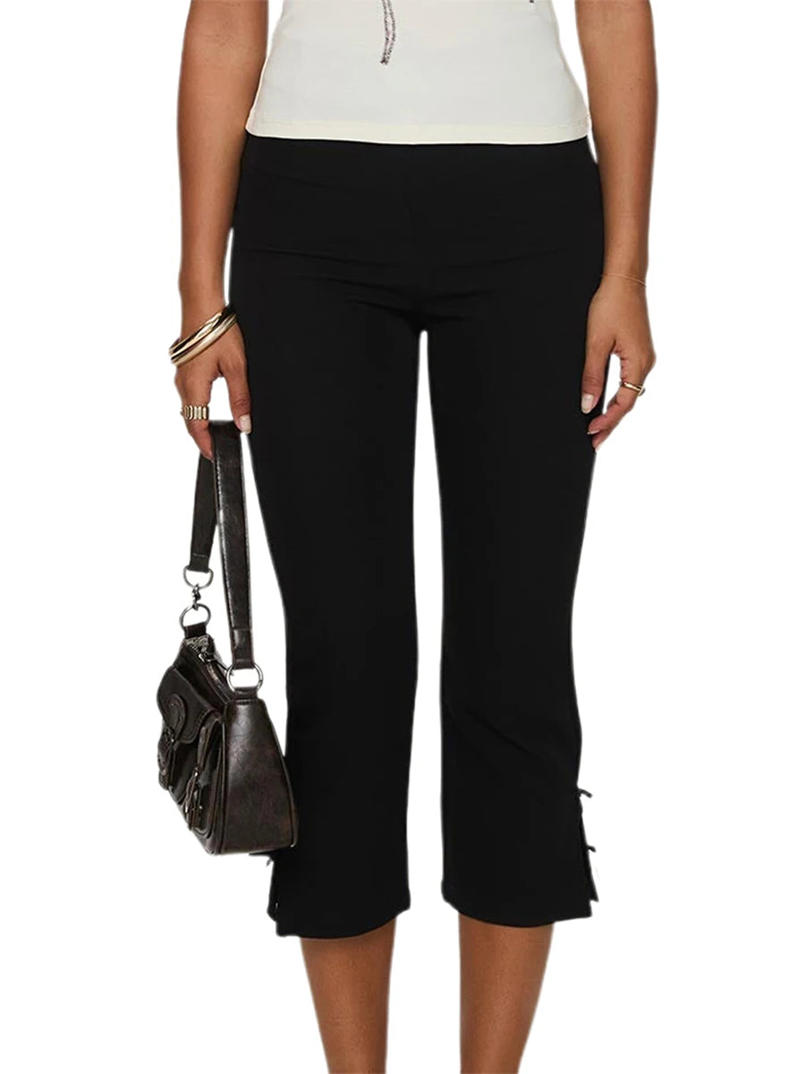 Women High Waist Capri style Pants Solid Color Elastic Waist Split hem Casual Trousers Summer Beach Pants