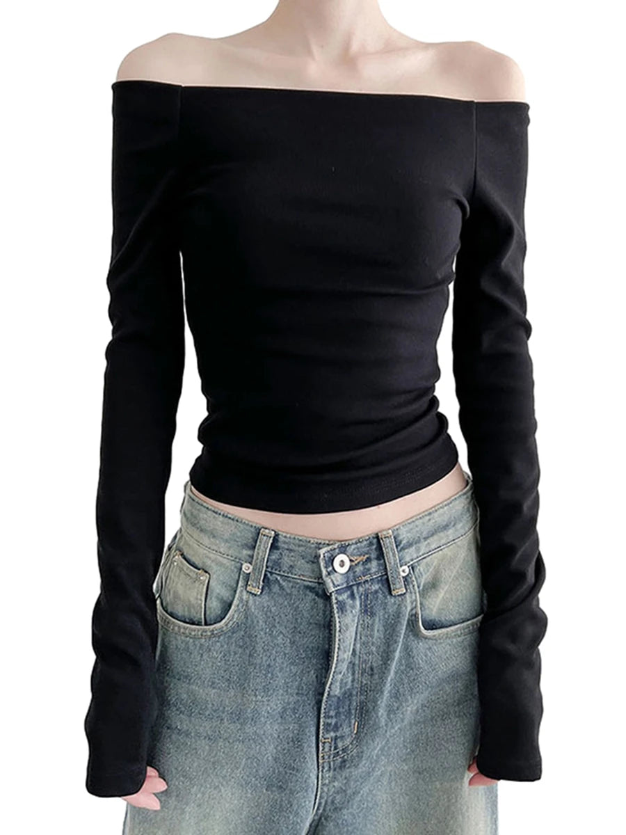 Women Solid Color Short T-Shirt Boat Neck Long Sleeve Off Shoulder Shirts Spring Fall  Fit Tops Streetwear