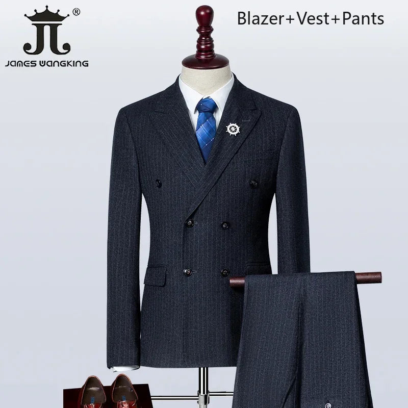 ( Blazer + Vest + Pants ) Boutique British Style Men's Suit Plaid Dress Business Casual Formal Suits 3Pcs Set