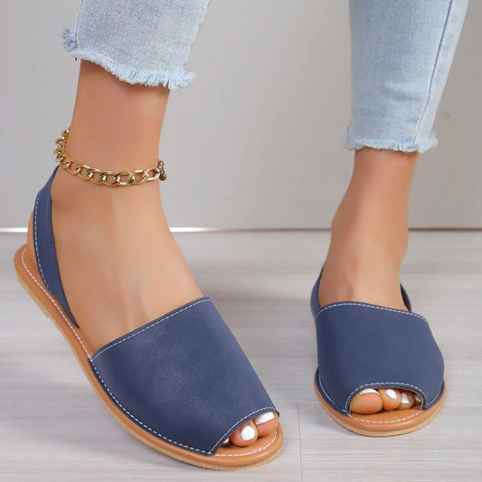 Ladies Casual Solid Color Outer Wear Flat Bottom Fish Mouth Footwear Soft Leather Large Size Sandals for Women Flat Wedge