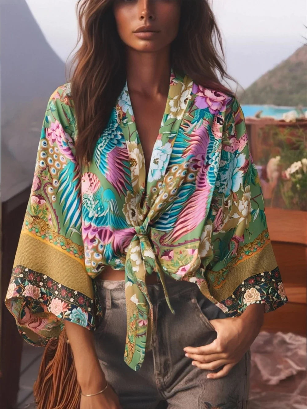 Hippie Queens Floral Print Sashes Short  Kimono Women Fashion V Neck Batwing Sleeves Lady Boho Bikini Cover-ups