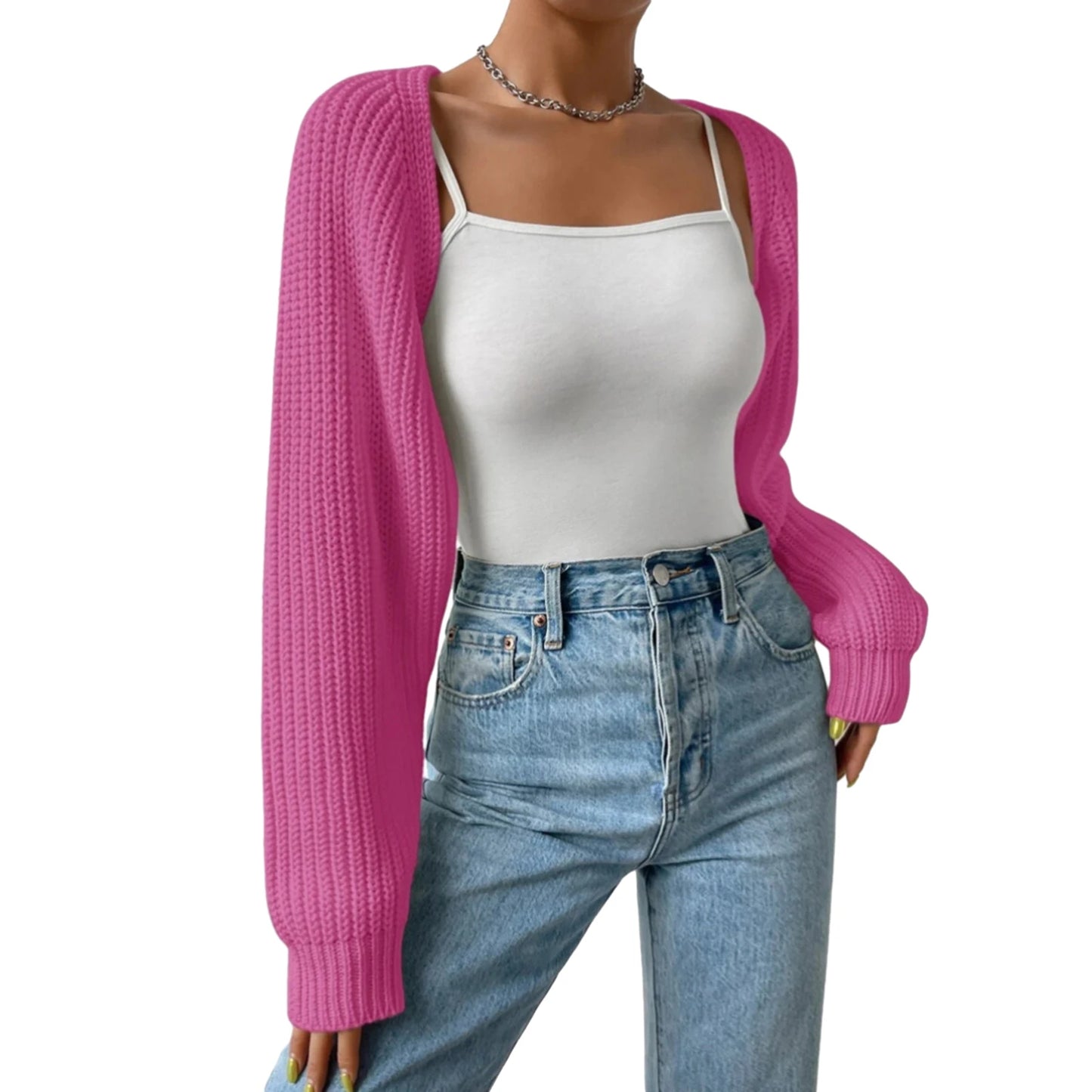 Women s Open Front Cropped Cardigan Long Sleeve Solid Color Ribbed Knit Shrug Sweater