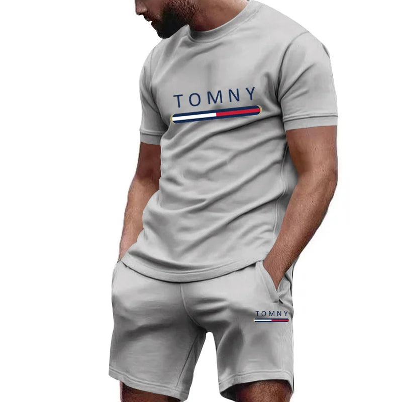 Outdoor Trendy Men's Suit Simple Letter Rose Patchwork Color Round Neck Short Sleeve Shorts Comfortable and breathable material