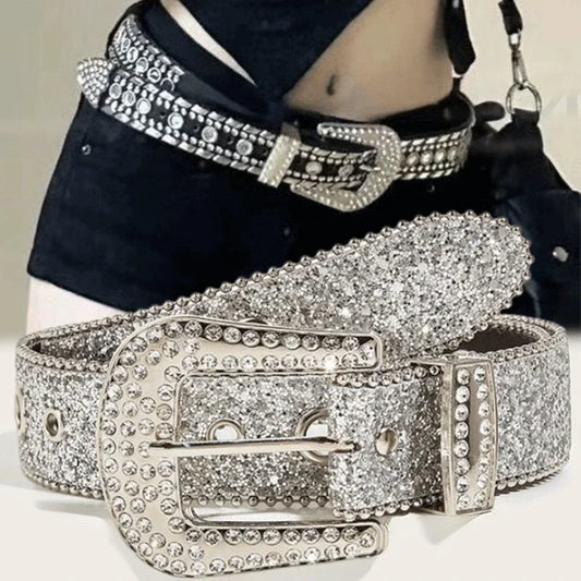 Women Fashion Solid Print Studded Full Rhinestone Belt PU Leather Bling Crystal Adjustable Glitter Waistband