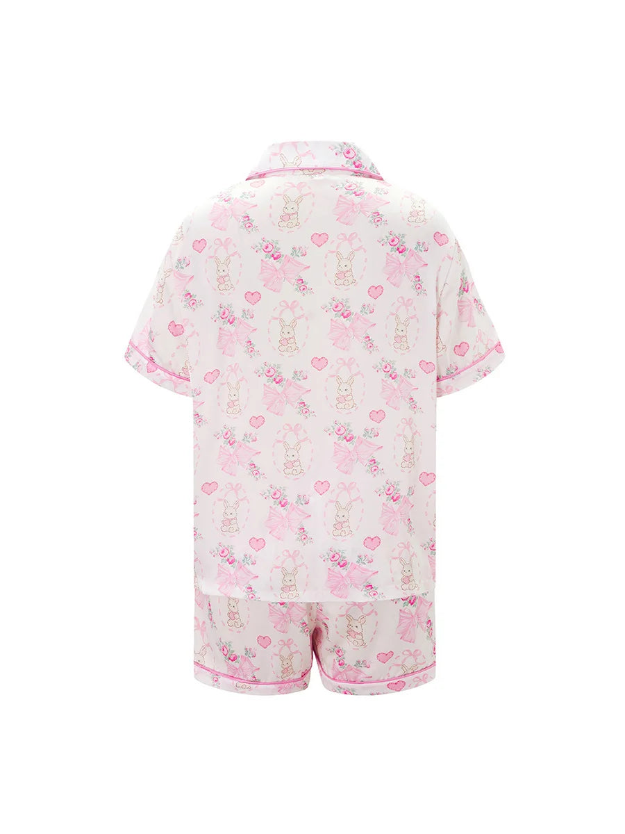 Women s Pajama Set with Cute Bunny Print Short Sleeve Button-up Top and Shorts 2 Piece Lounge Outfit