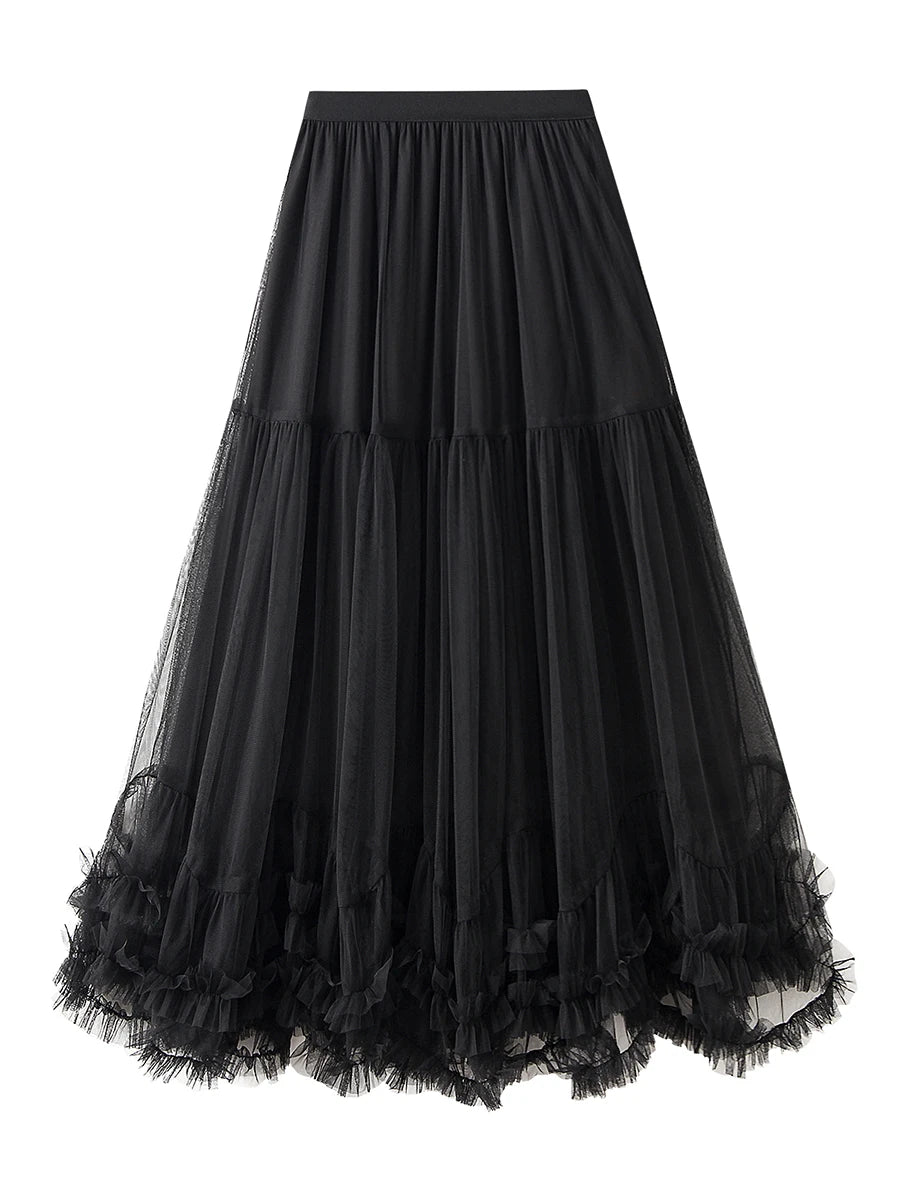 Women’s Tulle Long Skirts Elastic High Waist Ruffle Hem  Fluffy A-line Midi Skirts