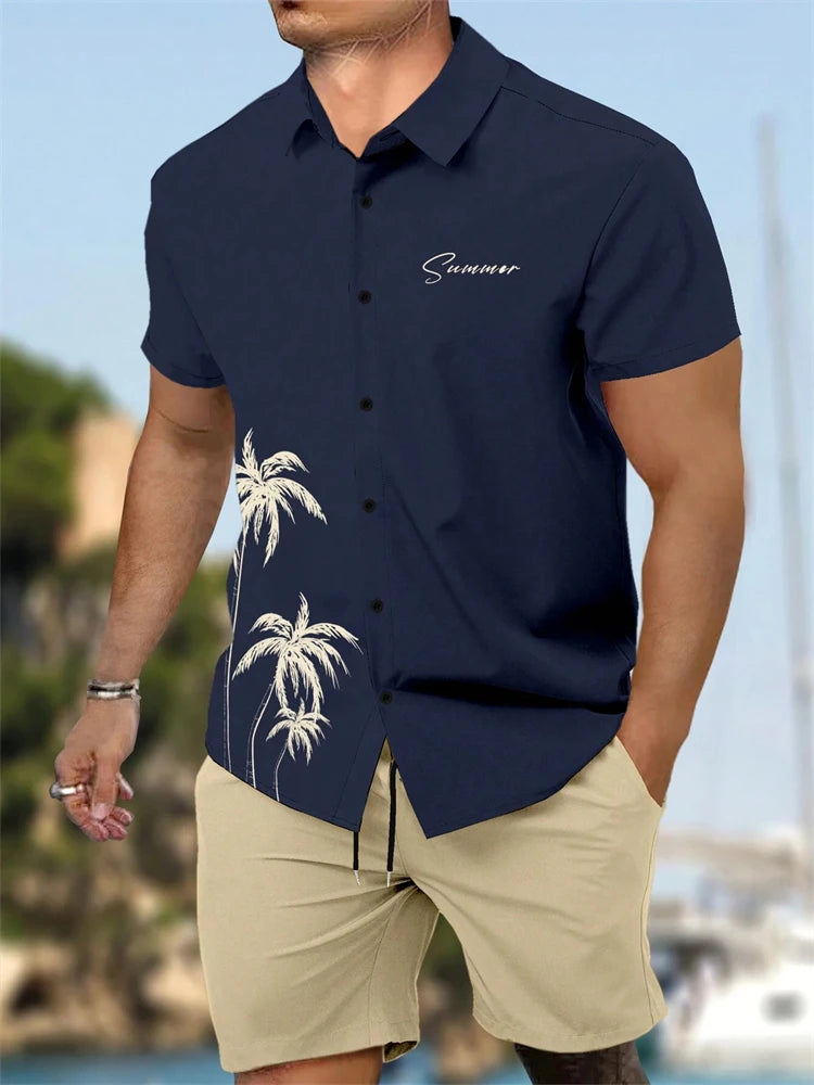 Summer  Men's Short Sleeve Shirt and Shorts 2 Piece Set Fashion Coconut Tree Print Lapel Shirt Beach Drawstring Shorts Set