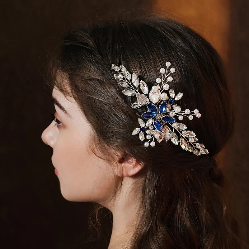 Silver Alloy Hair Comb Handmade Pearls Rhinestones Fashion Metal Headpiece Elegant Hair Jewelery Accessory For Women