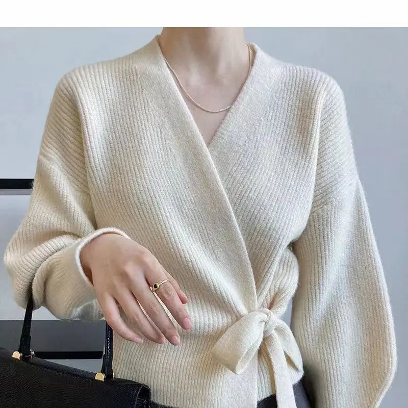 Bow Tie V-Neck Knit Women's Short High Waist Cardigan Sweater Coat Overlay Design Sense Top