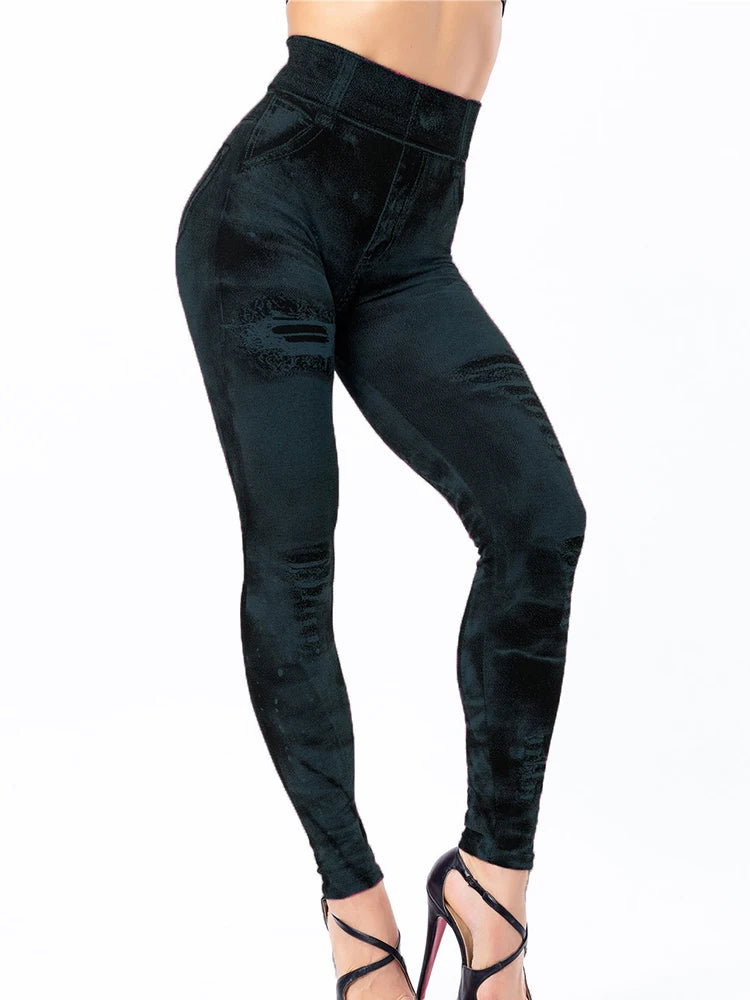 Leggings High Waist Elastic Butterfly Printed Pencil Pants Faux Denim Leggings