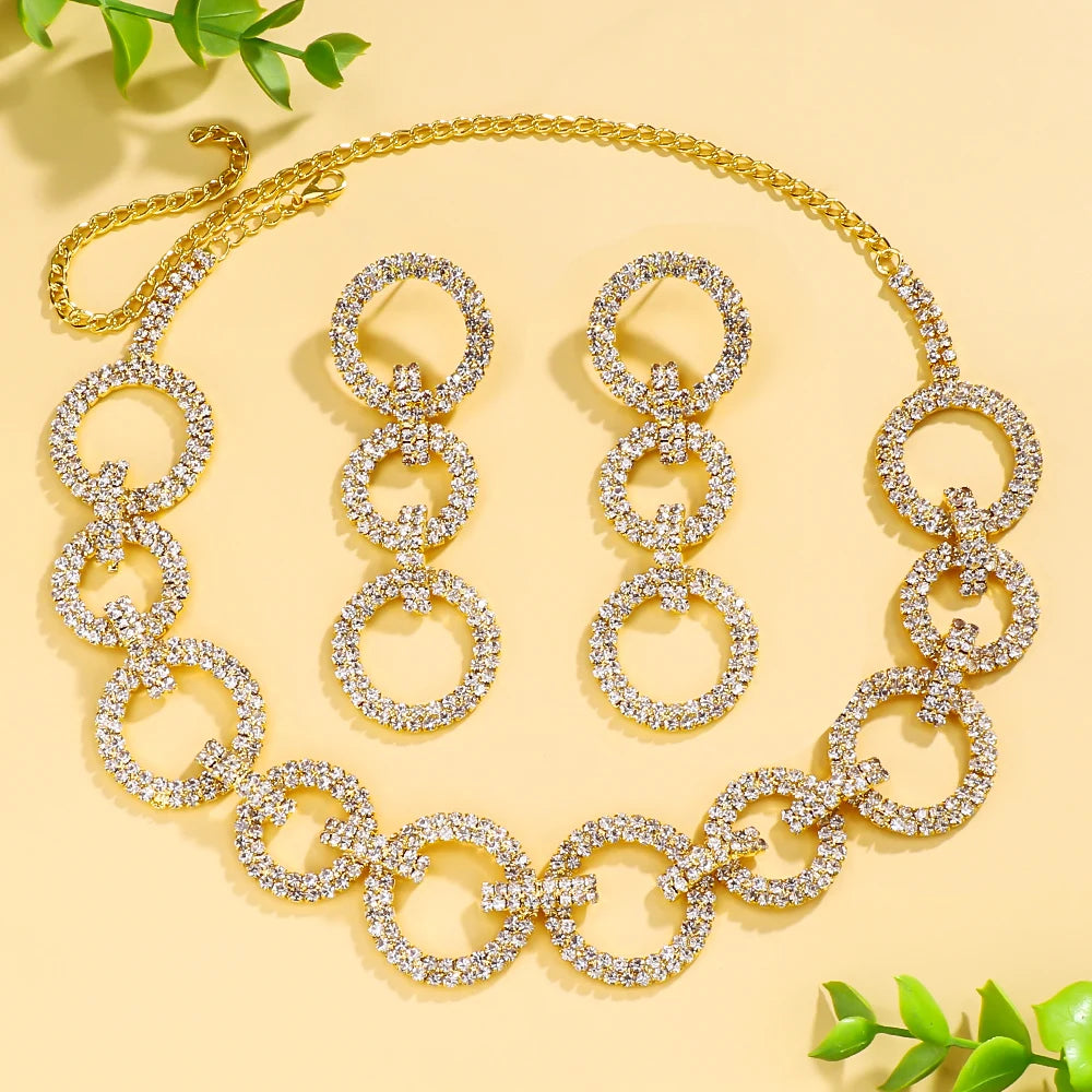 Hollow Crystal Round Necklace Earrings Set  Rhinestone  Jewelry Sets