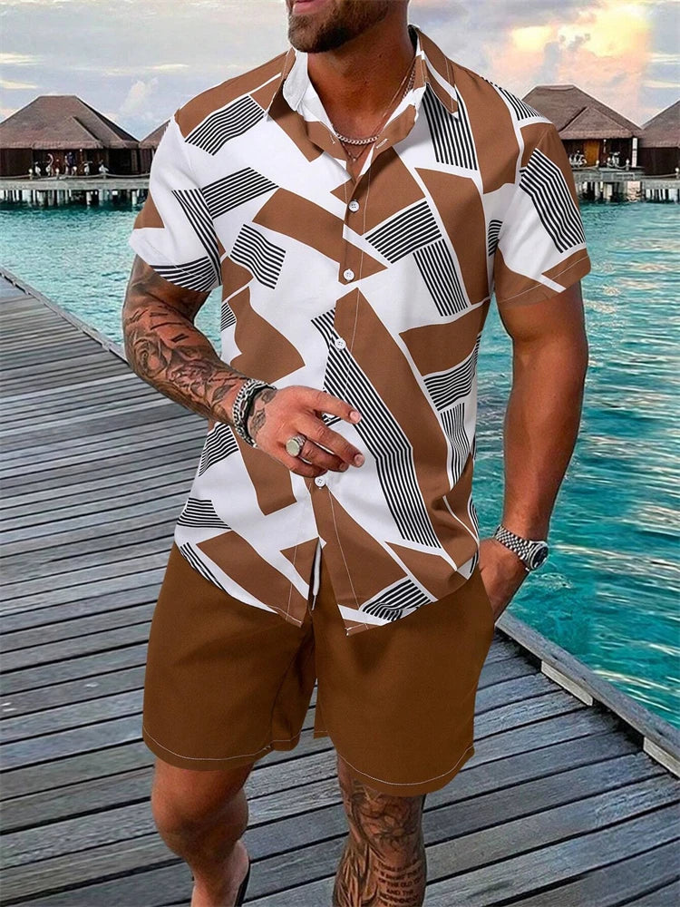 Summer  Men's Short Sleeve Shirt and Shorts 2 Piece Set Fashion Coconut Tree Print Lapel Shirt Beach Drawstring Shorts Set