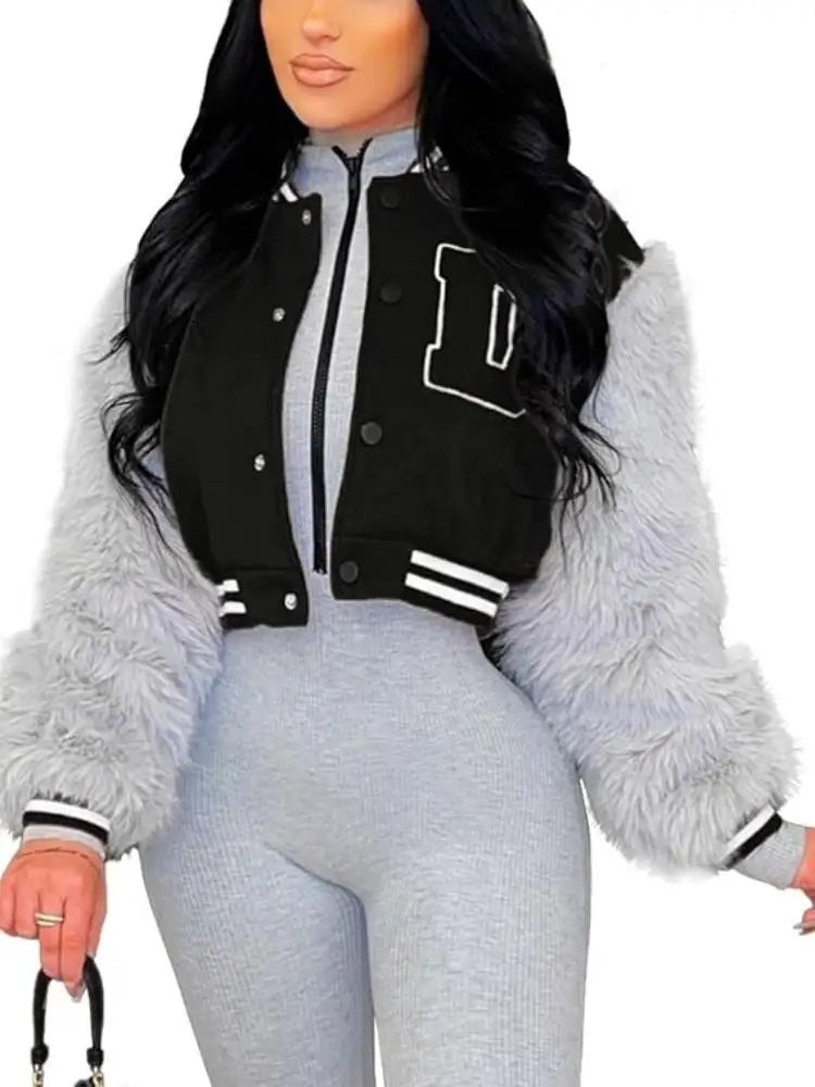 Women Faux Fur Sleeve Cropped Baseball Jacket Casual Letterman Coat