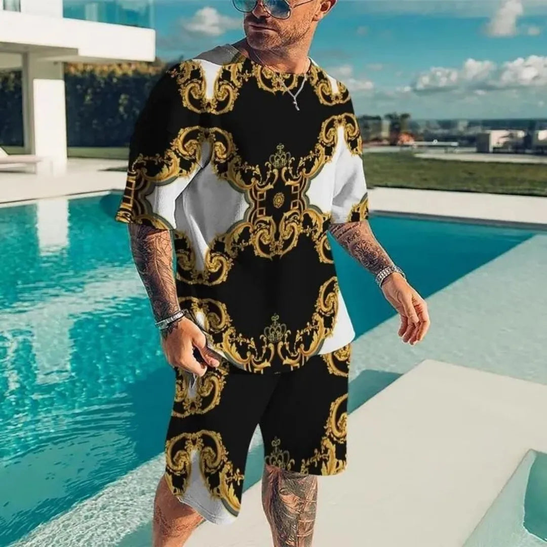 Summer Men's Luxury Pattern Sportswear 3D Printed Short Sleeve T-shirt Set Fashionable Casual Men's T-shirt Two Piece