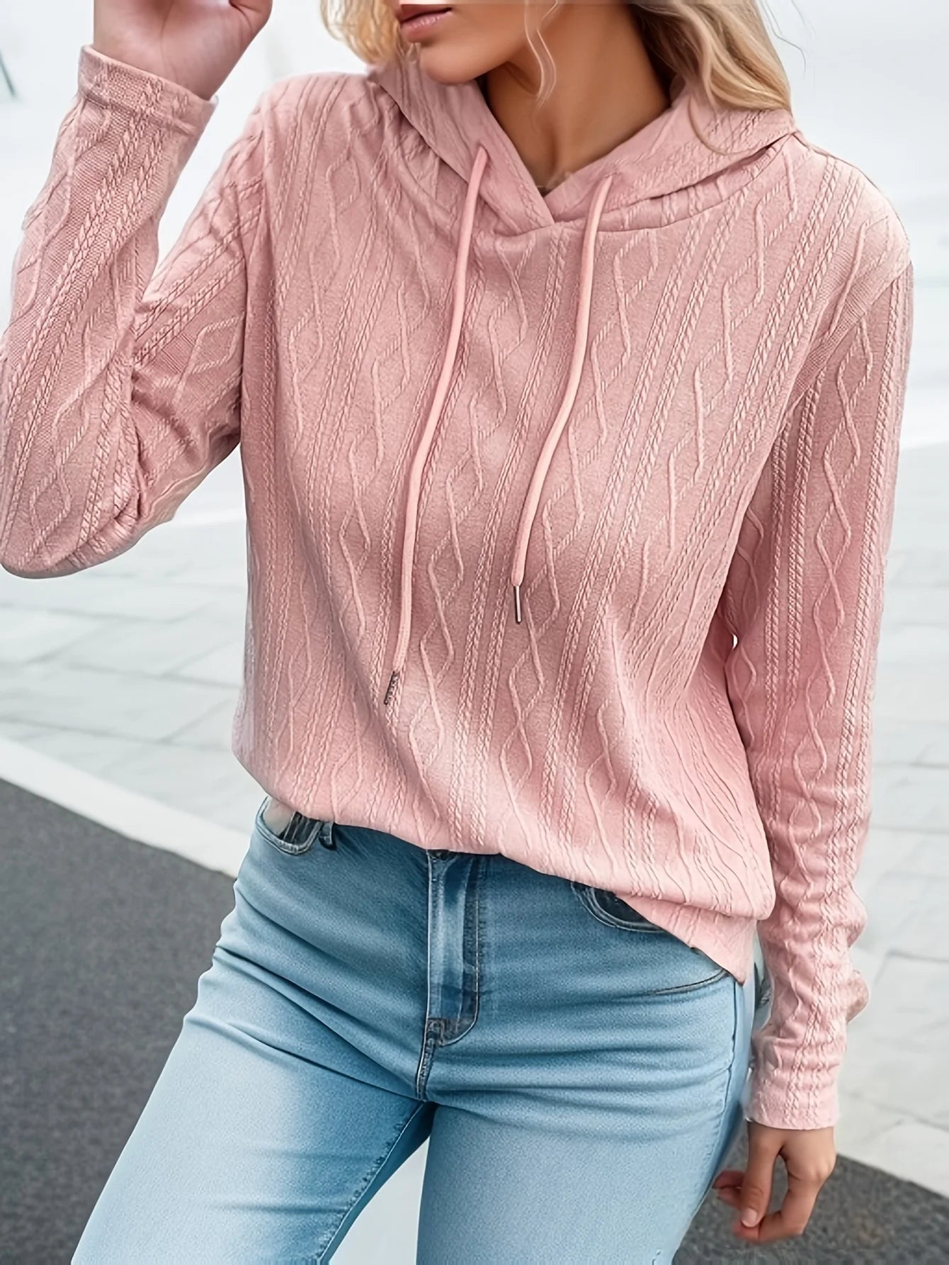 Plus Size Casual Sweater  Textured Long Sleeve Drawstring Slight Stretch Hoodie