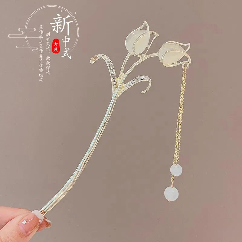 Elegant Chinese Style Hair Accessory Romantic Enameled Flower Tassel Hair Pin Alloy Jewelry Hairpin For Women Fashion Hairpin