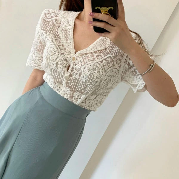 Sheer Embroidery Lace Blouse Cover Up Top Short Sleeve Button Front Women Summer Boho Vacation Outfit