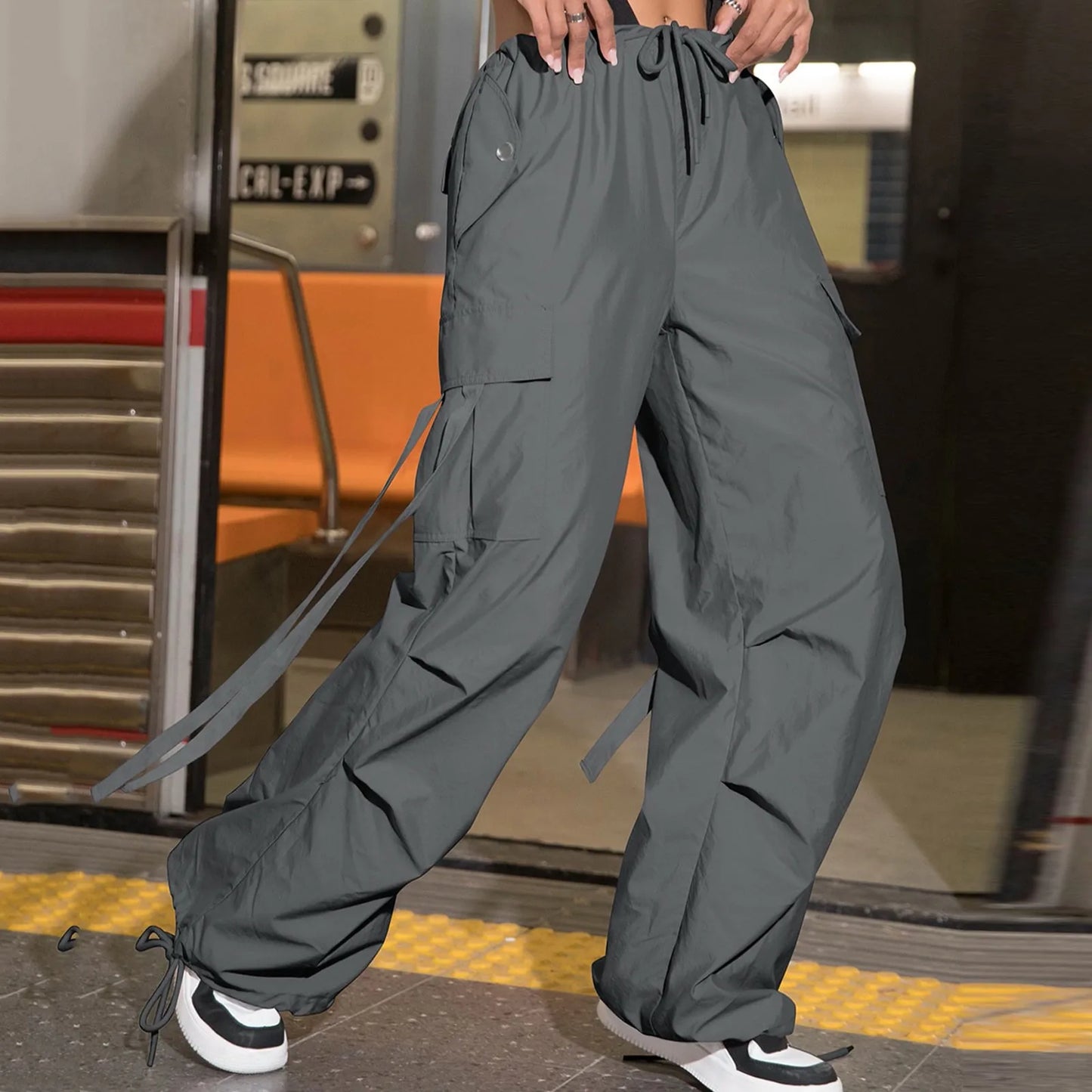 Women's Pants Streetwear Casual Hip Hop Elastic Waist Cargo Pants Drawstring Lace Up Trousers