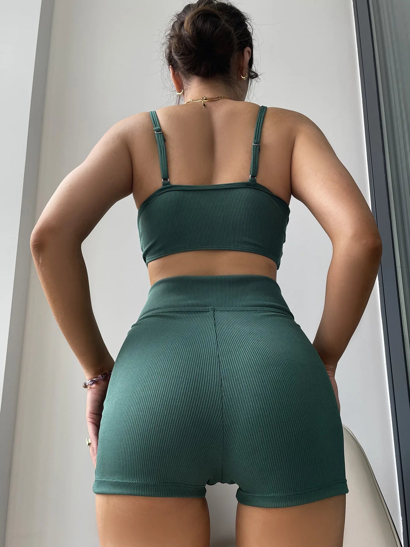 Blackish Green 2-piece Swimsuit for Women  Solid Color High Waist Bikini Suspender Backless Bathing Suit