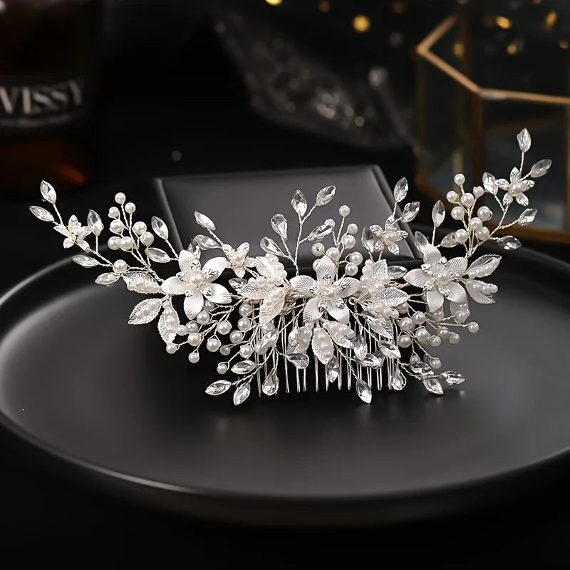 Handmade Silver Crystal Flower Hair Comb Pearl Rhinestone Flower Hair Combs For Women  Hair Jewelry Wedding Hair Accessorie