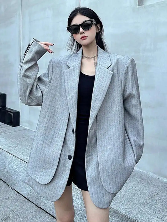Women Gray Fake Two Pieces Big Size Blazer  Lapel Long Sleeve Shoulder Pad Jacket Fashion