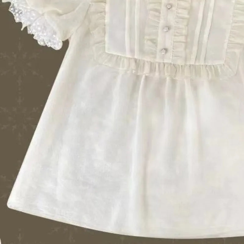 Vintage Ruffles Solid Bow Elegant Short Blouse