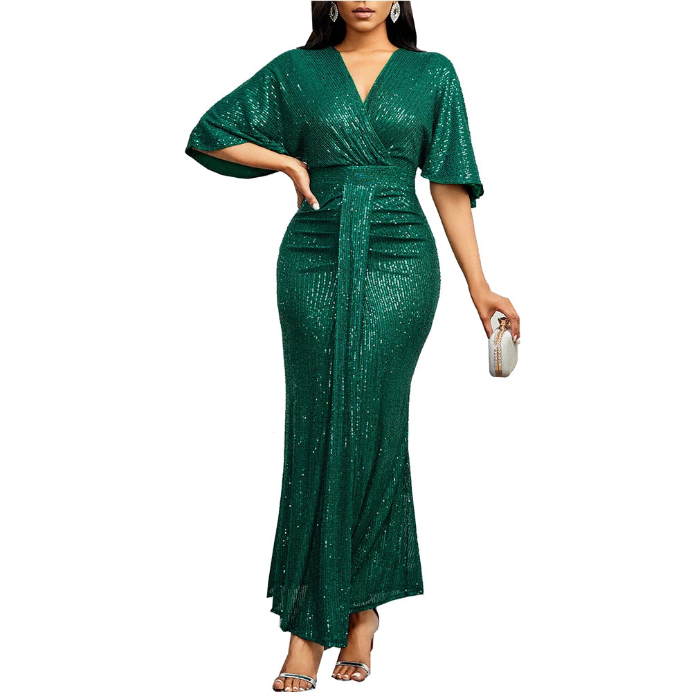 Sequin Dress V-Neck Ruffles Short Sleeves Vintage