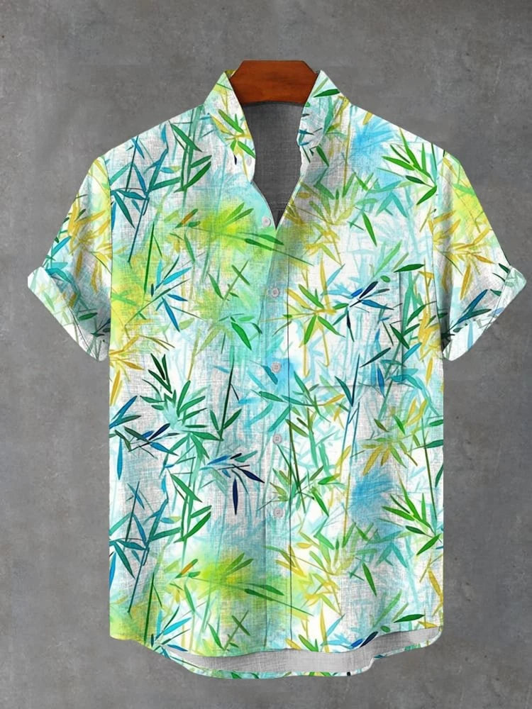 Printed Breast Pocket Cotton Linen Short Sleeve Shirt  Loose Versatile Casual Sports Summer Men