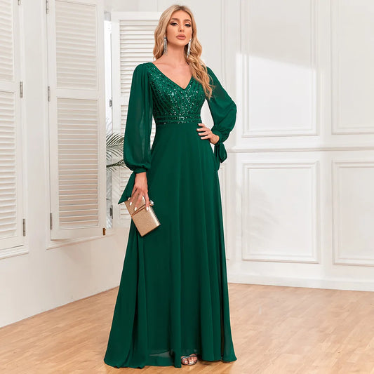 Maxi Dress Soft Satin Green V Neck Beading Long Dress High Waist